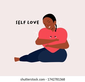 Self Love, self care concept. Smile female hugging herself with heart cartoon illustration