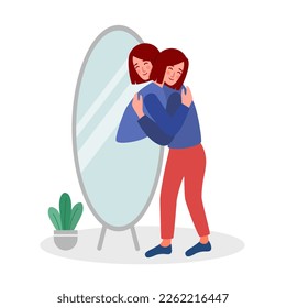 Self love or self care concept vector illustration. Woman hugging herself in the mirror flat design on white background.