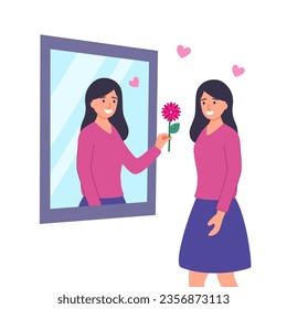 Self love or self care concept vector illustration. Woman in the mirror giving flower to herself in flat design on white background.