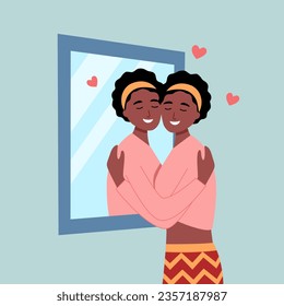 Self love or self care concept vector illustration. Black woman hugging herself in the mirror flat design.