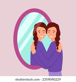 Self love or self care concept vector illustration. Woman hugging herself in the mirror flat design.