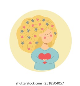 Self love and care concept, woman smiling and holding heart. Vector illustration