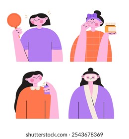 Amor propio y concepto de cuidado personal con las mujeres. Ilustración vectorial gráfica plana de color aislada sobre fondo blanco.