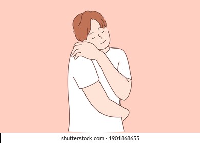 Self love and self care concept. Young smiling man cartoon character wearing casual clothes standing and hugging himself feeling happy and positive over pink background vector illustration