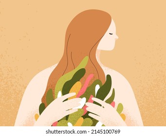 Self love and care. Psychology concept, mental health recovery, rehabilitation, inner world development. Woman feeling peace, tranquility with healing garden plants inside. Flat vector illustration.