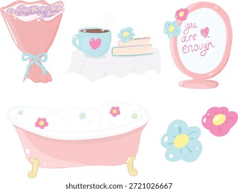 Escena de amor propio y cuidado personal con una ilustración de ramo, taza de café, libros, espejo, bañera y flores. Los Elementos evocan una sensación de tranquilidad, relajación aislada transparente