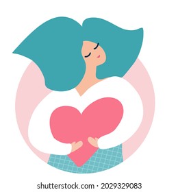 Self love. Care of yourself. Woman holding big heart in hands. Happy girl hugging yourself. Self body, mental healthy. Smiling, funny person. I love you card. Cartoon vector positive flat design, icon