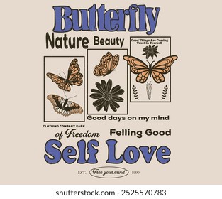 Self love club design. Good days  on my mind. Fly your inner butterfly. Butterfly t shirt back print design. Beauty nature artwork. Butterfly with flower print design for t shirt.