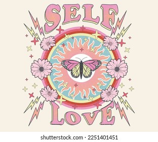 Self love club. Peace sign with sun graphic print design for t-shirt. Flower and butterfly artwork design.