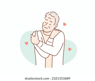 Self love concept, aged male person is hugging herself.  Hand drawn style vector design illustrations.