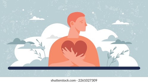 Self love concept banner, man hugging heart, self care, psychological help, healing from trauma, mental calmness. Vector flat illustration.