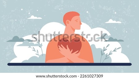 Self love concept banner, man hugging heart, self care, psychological help, healing from trauma, mental calmness. Vector flat illustration.