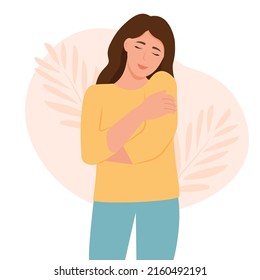 Self love concept.  Beautiful woman hugging oneself happy and positive, smiling confident. Self love and self care.Vector illustration in flat style