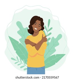 Self love concept, black woman hugging herself, vector illustration in flat style