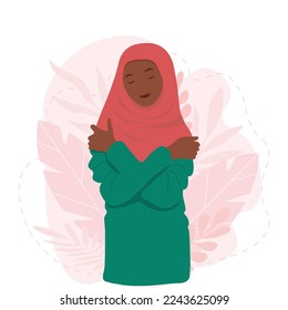  Self love concept, black woman in hijab hugging herself. Isolated on white background. Vector illustration