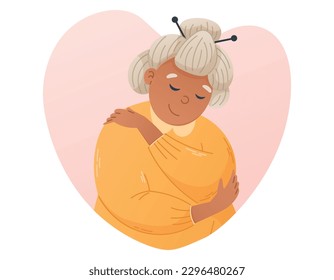 Self Love concept. Cartoon Old Gray Haired Woman Hugging herself. Vector flat illustration of a pensioner Respecting and Accepting herself.