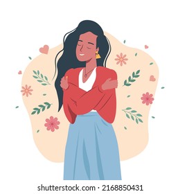 Self love concept. Cute happy girl or woman with long hair hugging herself. Self care, self-pride, self-acceptance, body positive and confidence concept vector illustration. Esteem and social role.