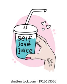 Diseño de concepto de amor propio con botella de jugo de mano de mujer