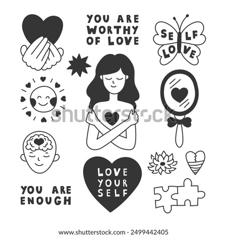 Self Love Concept Doodles Set. Hand drawn collection of symbols for psychotherapy and psychology. Curly haired woman hugging herself. Isolated vector illustration