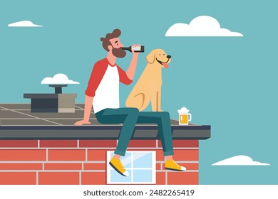 concepto de amor propio. soltero borracho - hombre soltero - chico, bebiendo cerveza con perro en el techo de la casa. feliz verano. hermoso cielo. dibujo de Vector plano mínimo ilustración de arte