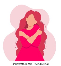
Self love concept, faceless woman hugging herself, flat style vector illustration isolated on pink background. Vector illustration.
