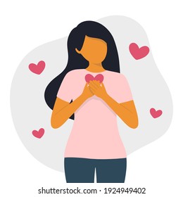 Self love concept flat style vector illustration. Beautiful young woman in love with self.