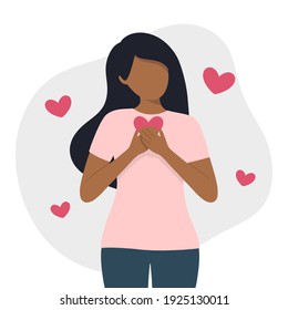 Self love concept flat vector illustration. Black woman standing and love herself with abstract background and heart shaped elements around.