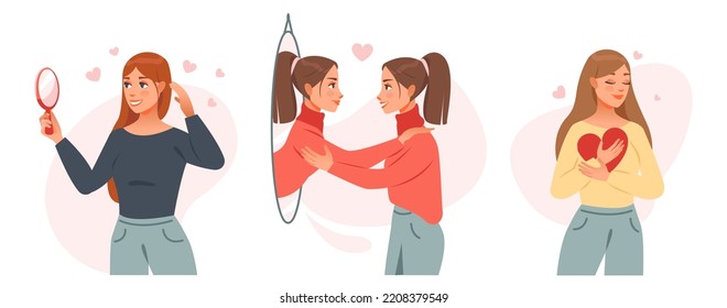 Concepto de amor propio. La niña admira su reflejo en el espejo. La chica abraza el corazón. Salud mental. Ilustración vectorial de dibujos animados