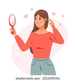 Self love concept. The girl admires herself in the mirror. Mental health. Cartoon vector illustration