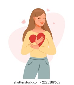 Self love concept. The girl embraces the heart. Mental health. Cartoon vector illustration