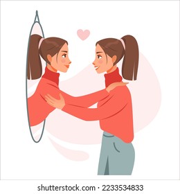 Self love concept. The girl hugs her reflection in the mirror. Mental health. Cartoon vector illustration