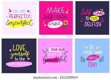 Self love concept greeting cards. Love yourself, be kind, you are perfectly imperfect handwriting lettering vector design. 