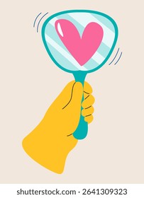 Self love concept. Hand holding mirror with reflection of heart. Colorful vector illustration
