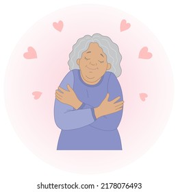 Self Love Concept, Happy Elderly Woman Hugging Herself, Illustration In A Flat Style.