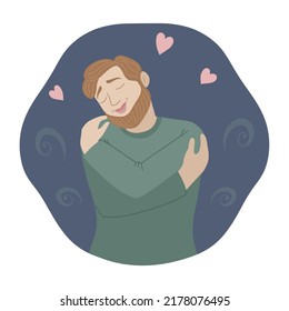 Self love concept, happy man hugging herself, illustration in a flat style.