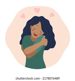 Self Love Concept, Happy Woman Hugging Herself, Illustration In A Flat Style.