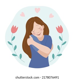 Self Love Concept, Happy Woman Hugging Herself, Illustration In A Flat Style.