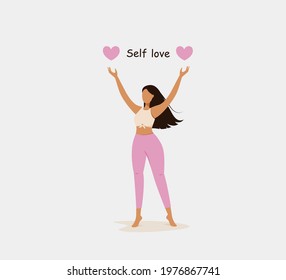 Self love concept. Happy young dark haired woman with pink hearts