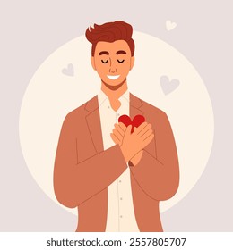 Self love concept. Man embraces the heart. Mental health. Flat vector illustration.