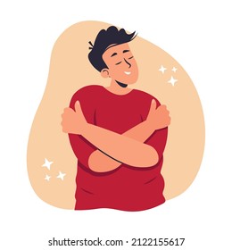 Self love concept. Man hugging himself vector illustration in flat style. Self-acceptance, positive self-image and confidence. Esteem, positive self-perception, social role, individual psychology.