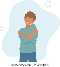 Self love concept, man hugging herself,flat vector illustration.