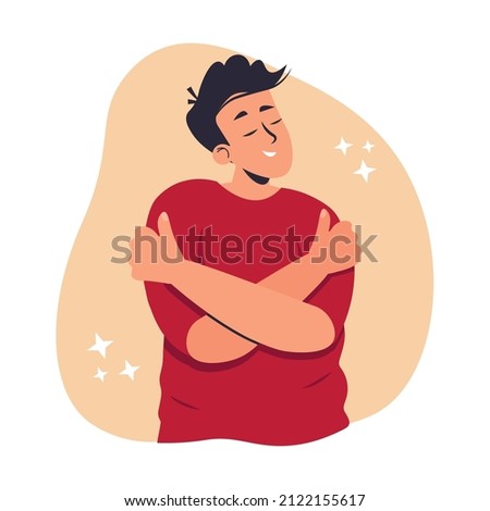 Self love concept. Man hugging himself vector illustration in flat style. Self-acceptance, positive self-image and confidence. Esteem, positive self-perception, social role, individual psychology.