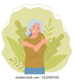Self love concept, old woman hugging herself, vector illustration in flat style