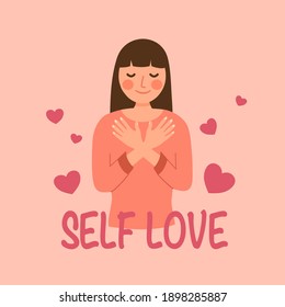 Self love concept vector illustration. Young woman hugging herself with heart shape in flat design.