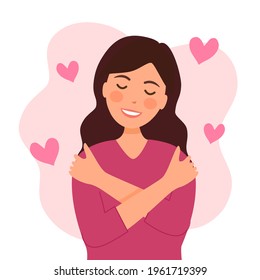 Self love concept vector illustration. Young pretty woman hugging herself with pink heart shape around in flat design. Happiness.