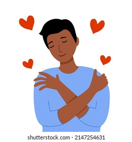 Self love concept vector illustration. Young man hugging himself with red heart shape around in flat design. Happiness.