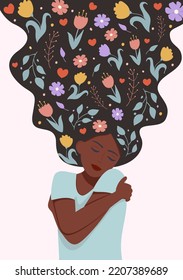 Self love concept vector illustration. Young pretty African woman hugging herself