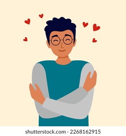 Self love concept vector illustration. Young man hugging himself with red heart shape around in flat design. Happiness.