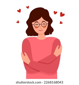 Self love concept vector illustration. Young woman hugging herself with red heart shape around in flat design. Happiness.