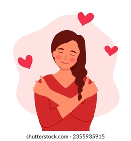 Self love concept vector illustration. Young pretty woman hugging herself with red hearts around in flat design. Happiness.